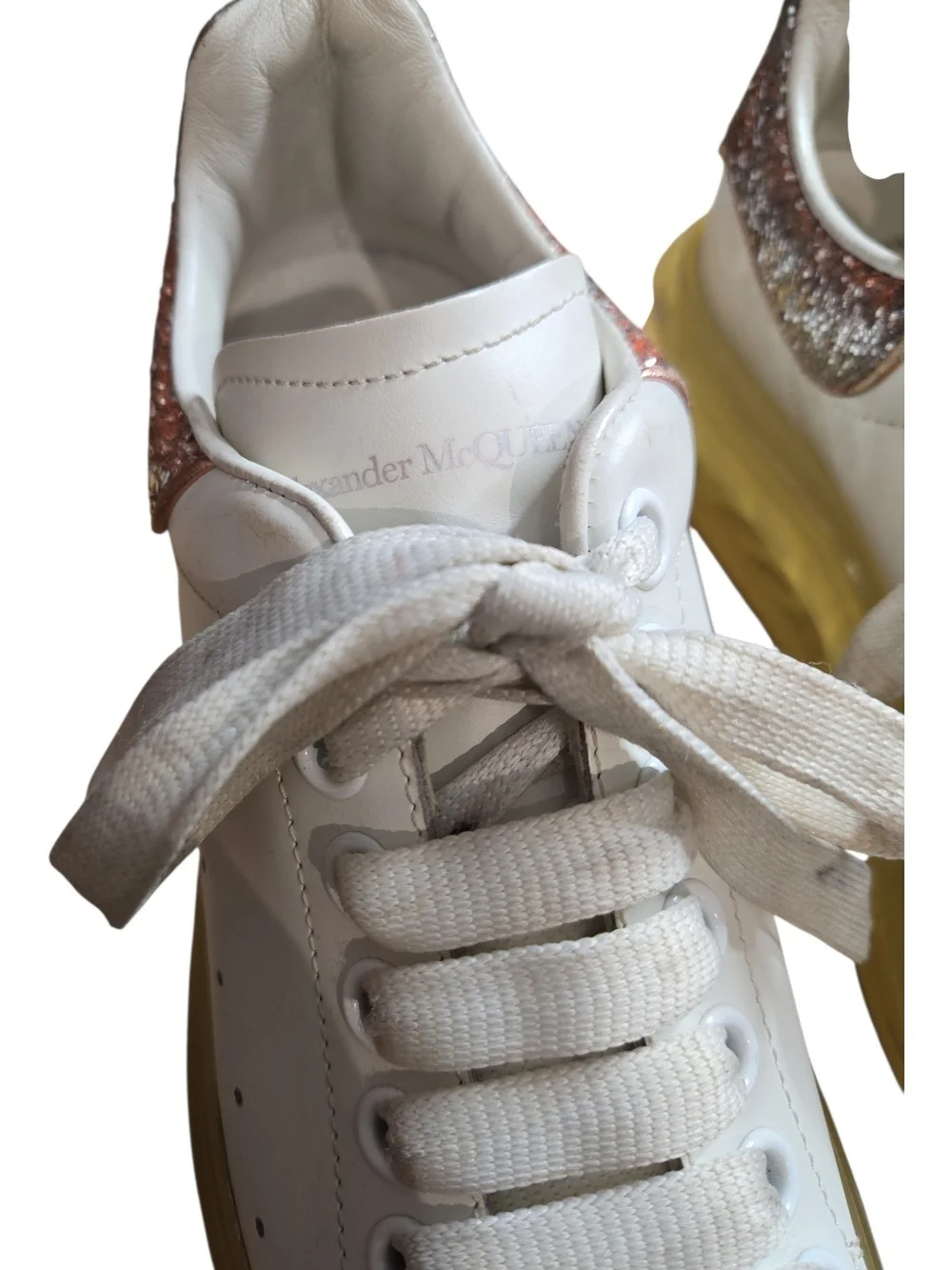 Alexander McQueen Oversized White Leather Glitter Heel Sneakers